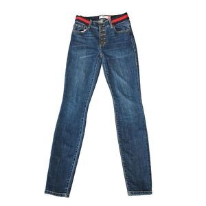 CABI Button-Fly Skinny Jeans Womens‎ Sz 2 Dark Blue Striped Elastic Waistband